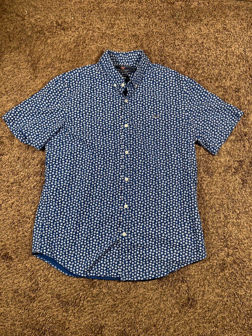 Vineyard Vines Slim Fit Murray Shirt Mens L Blue Floral Button Up S/S Preppy